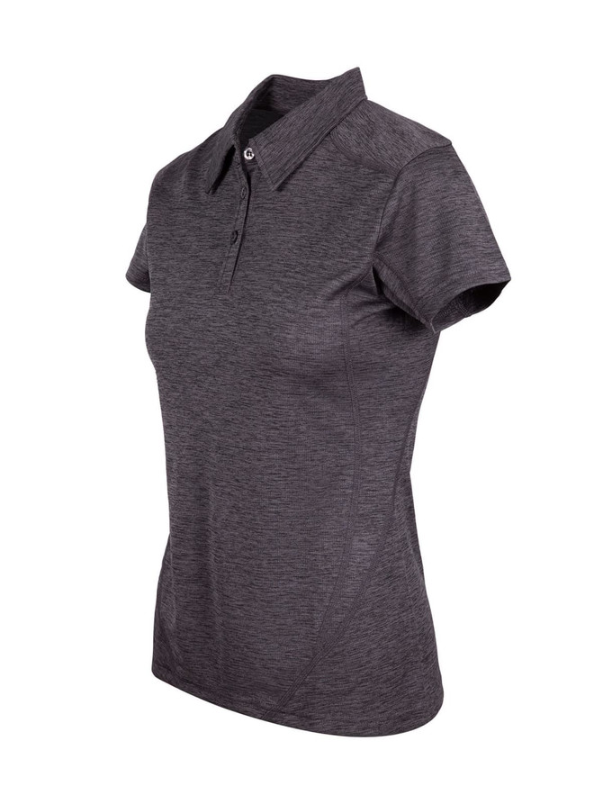 A grey women's polo shirt made of 100% polyester, featuring a collar and short sleeves. The shirt has a logo.