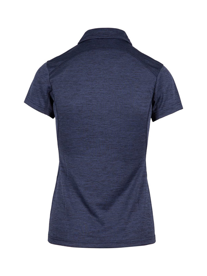 A women's polo shirt in navy blue, featuring a classic collar and a logo on the back.