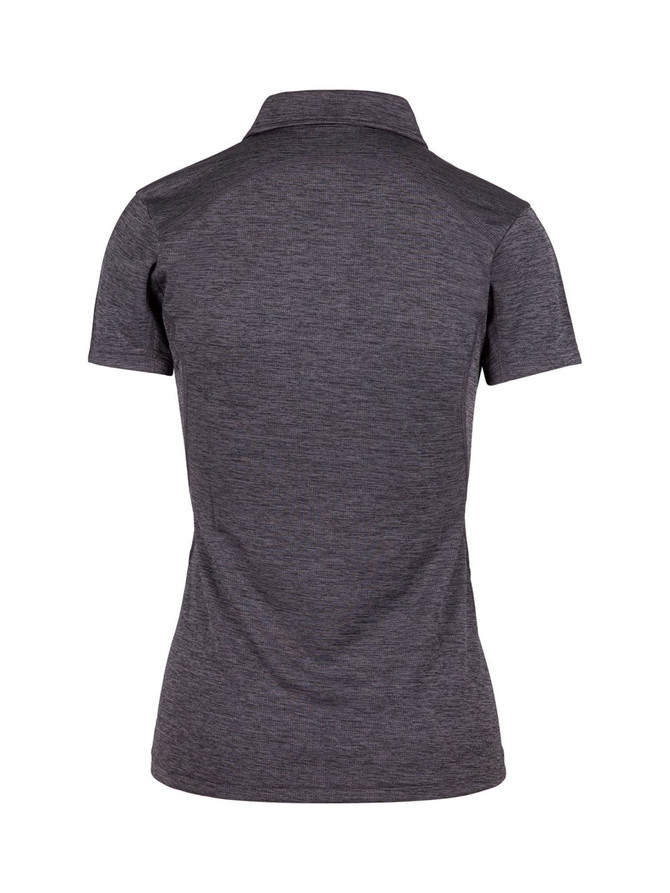 A women's polo shirt in dark grey, featuring a collared design and a logo on the front.