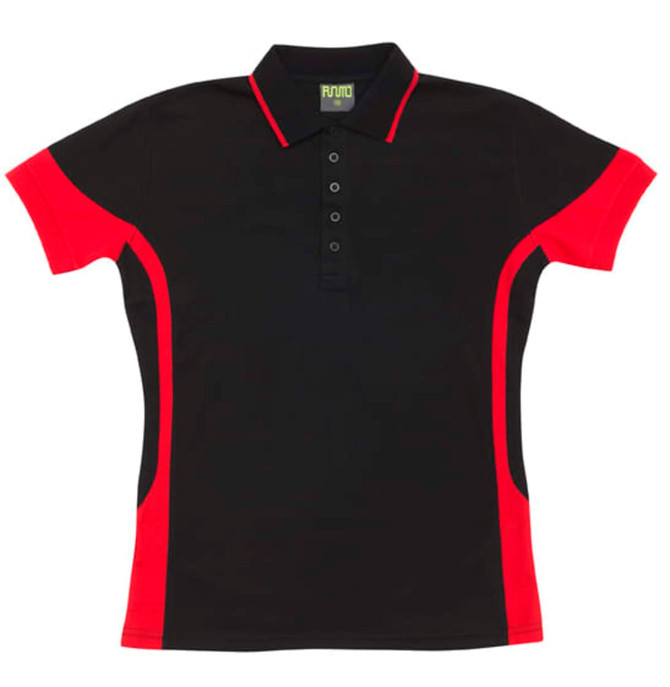 A black and red polo shirt with a contrasting design and a logo on the collar.