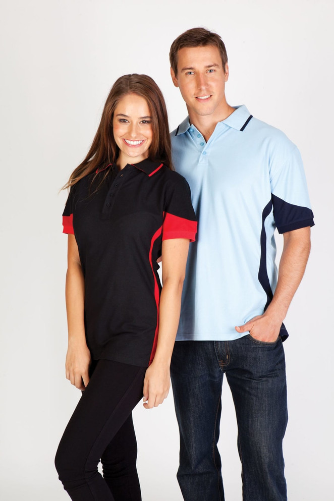 A black and red women's polo shirt and a light blue men's polo shirt, both featuring contrasting panels and logos.
