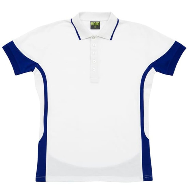 A white and navy contrast polycotton polo shirt with a collar and buttons. It features coloured side panels and a logo.