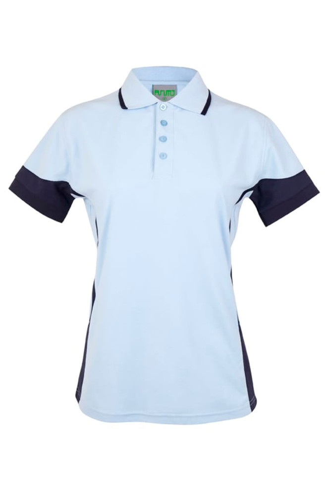 A women's polo shirt in light blue with navy contrast details, featuring a collar and buttons, and has a logo.
