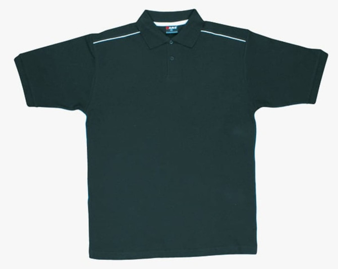 A black cotton pique knit polo shirt with piping details and a collar. The shirt features a logo on the chest.