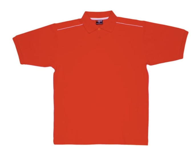 A bright red polo shirt with a collar and piping details, featuring a logo on the tag.
