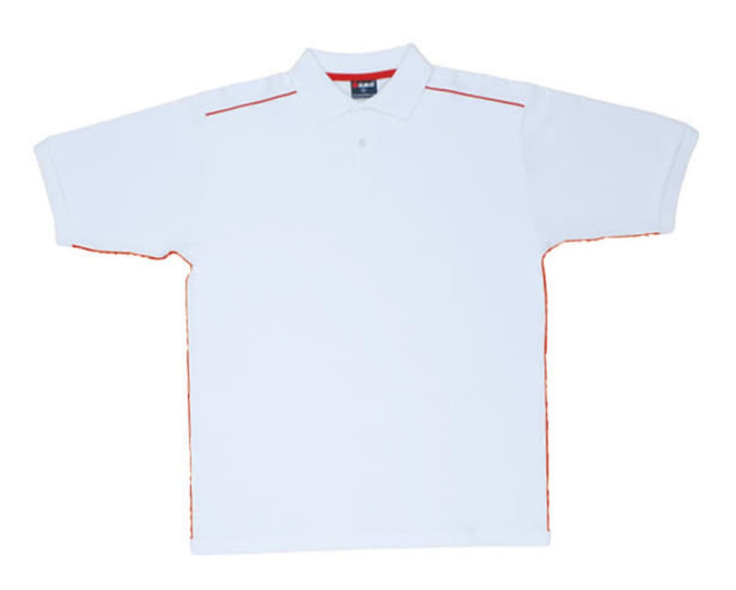 A white polo shirt with red piping, featuring a collar and short sleeves. It includes a logo on the upper part.