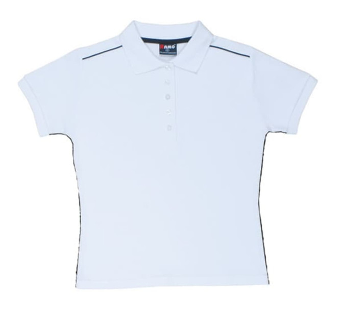 A light blue women's cotton pique knit polo shirt with piping details and a logo.
