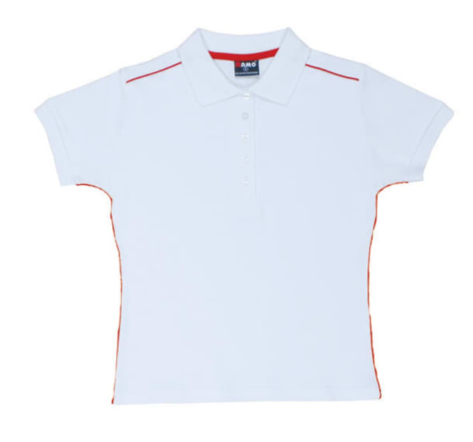 A white women's polo shirt with piping detail in red, featuring a collar and short sleeves. It has a logo.