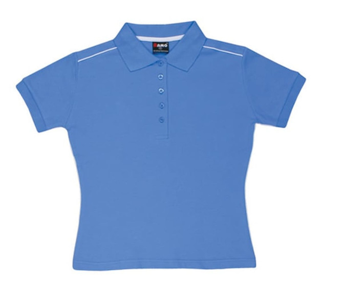 A women's cotton polo shirt in blue with piping details, featuring a collar and button placket. Includes a logo.