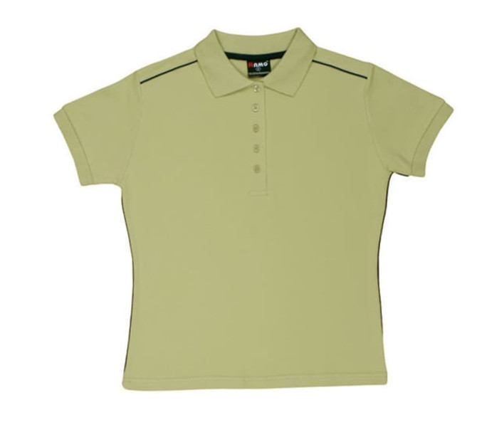 A pale green women's polo shirt featuring piping and a collar. It has a branded label on the inside.