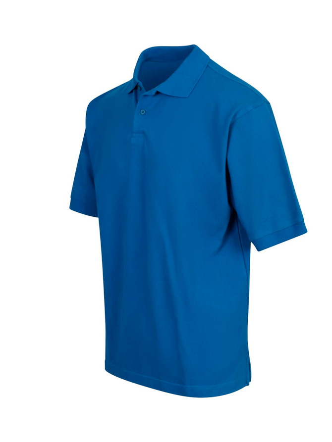 A blue cotton polo shirt with short sleeves and a collar, featuring a logo on the chest.