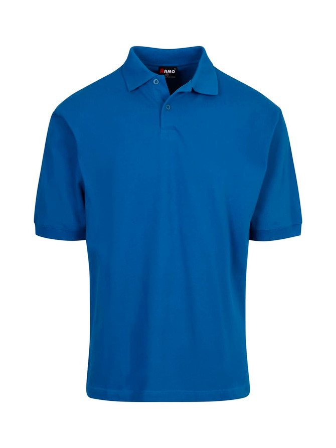 A blue men's cotton pigment dyed polo shirt with a collar, featuring a logo on the chest.