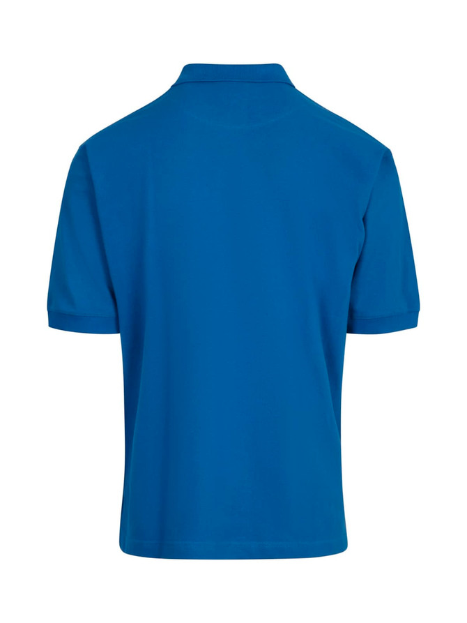 A blue men's cotton pigment dyed polo shirt featuring a collar and short sleeves. It has a logo on the back.