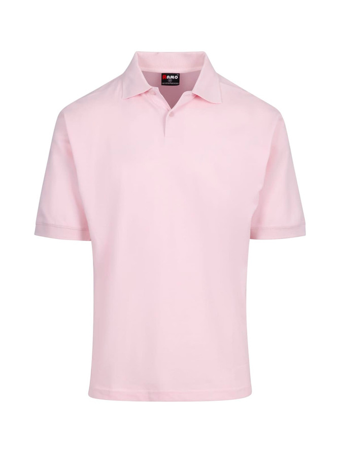 A pink men's cotton pigment dyed polo shirt featuring a collar and short sleeves, with a logo on the label.