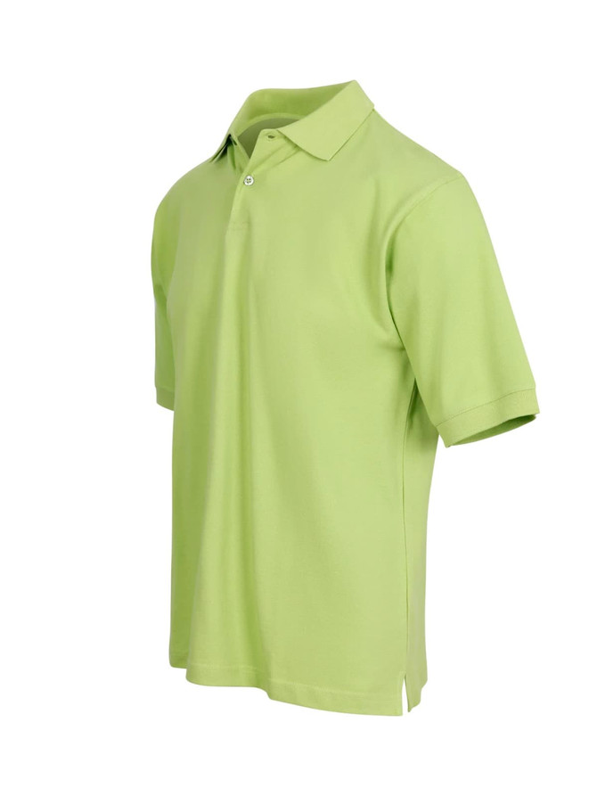 A light green men's cotton polo shirt with a collar, short sleeves, and a logo.