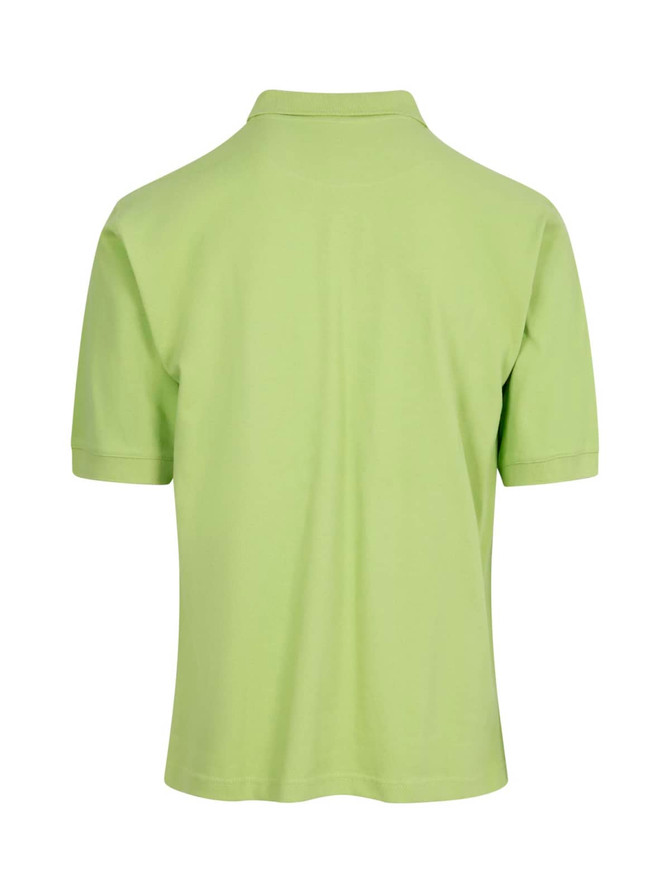 A light green men's cotton polo shirt featuring a collar and short sleeves, with a logo on the back.