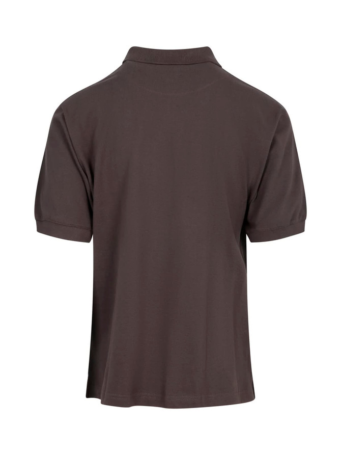 A dark grey polo shirt with a collar, featuring short sleeves and a logo on the back.