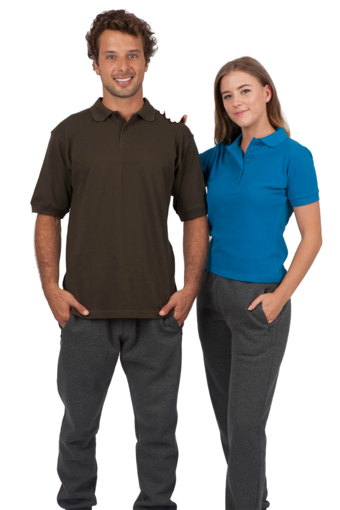 Two models wearing polo shirts in brown and blue, paired with grey pants. The shirts feature a logo.