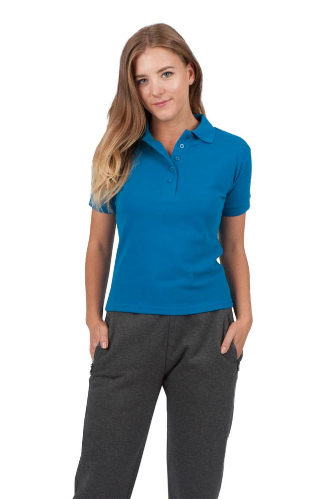 A women's polo shirt in a vibrant blue, featuring a collar and three buttons, modelled by a woman with long hair.