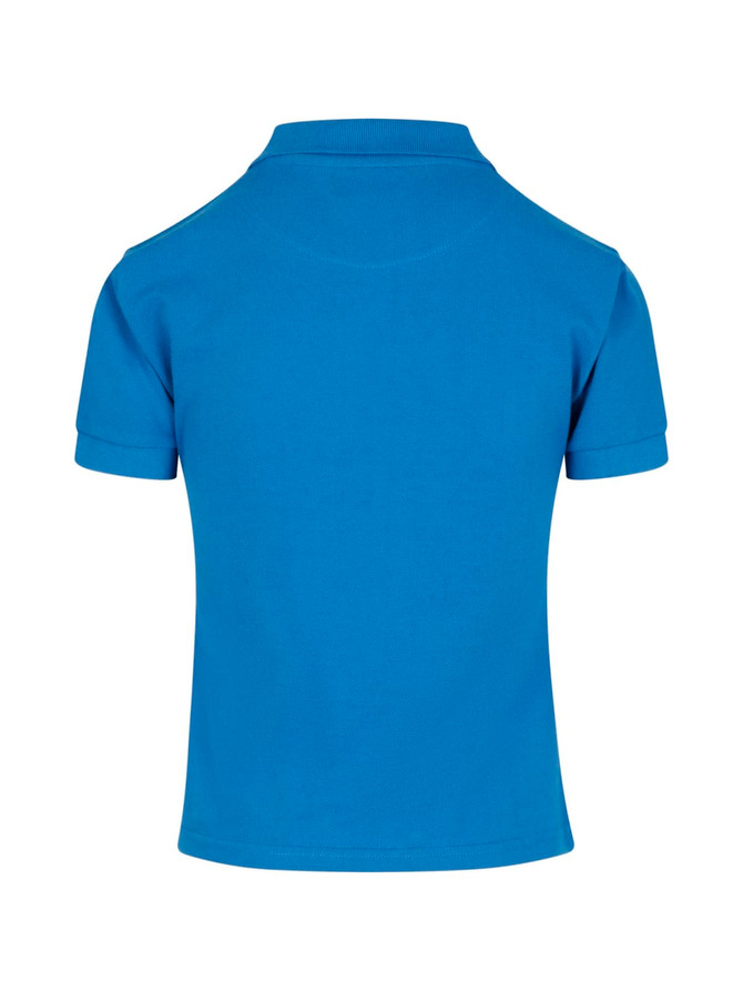 A blue women's cotton polo shirt with a collared neckline and short sleeves, featuring a logo on the back.