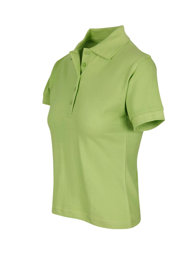 A women's cotton pigment dyed polo shirt in green with a collar and short sleeves, featuring a logo.