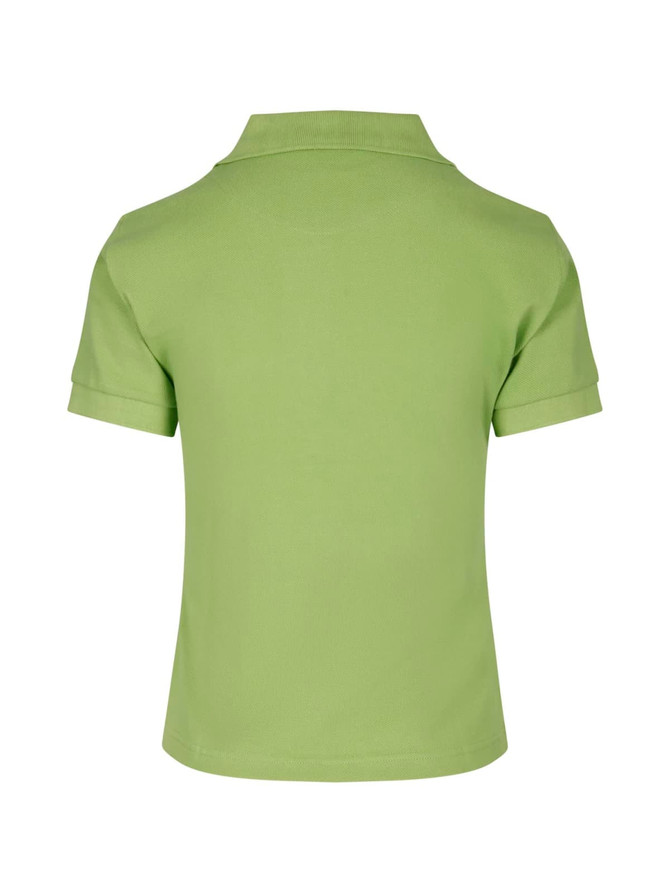 A light green women's cotton polo shirt features a classic design and a logo on the back.