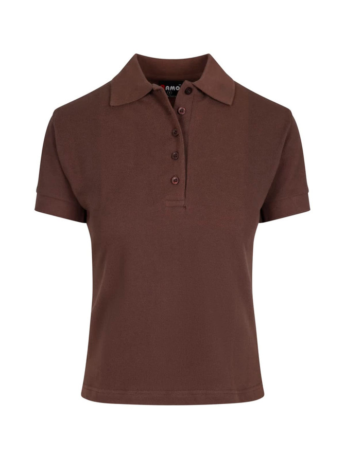 A brown women's cotton polo shirt with a collar, short sleeves, and a buttoned placket, featuring a logo.