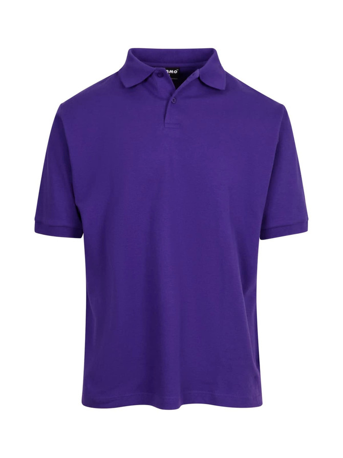 A purple men's cotton pique knit polo shirt with short sleeves and a collar, featuring a branding logo.
