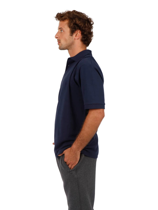 A navy blue men's cotton pique knit polo shirt with a collar, featured from the side.