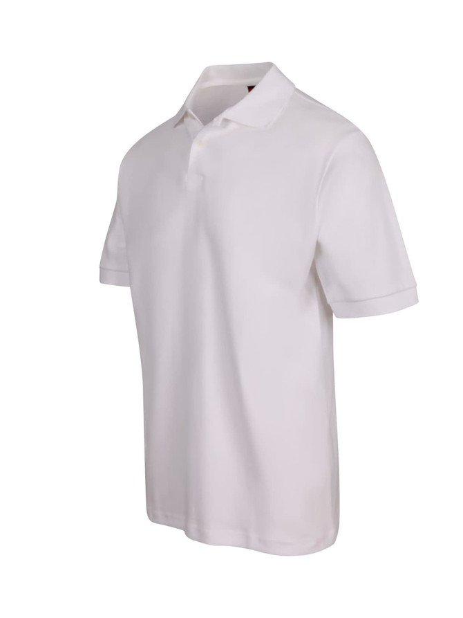 A white men's cotton pique knit polo shirt with a collar and short sleeves, featuring a logo on the chest.