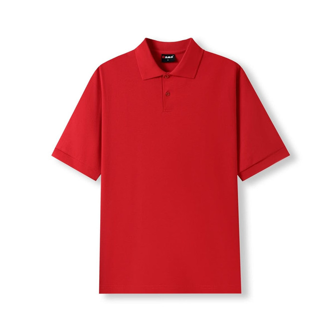 A red men's cotton pique knit polo shirt with a collar and a branded tag.