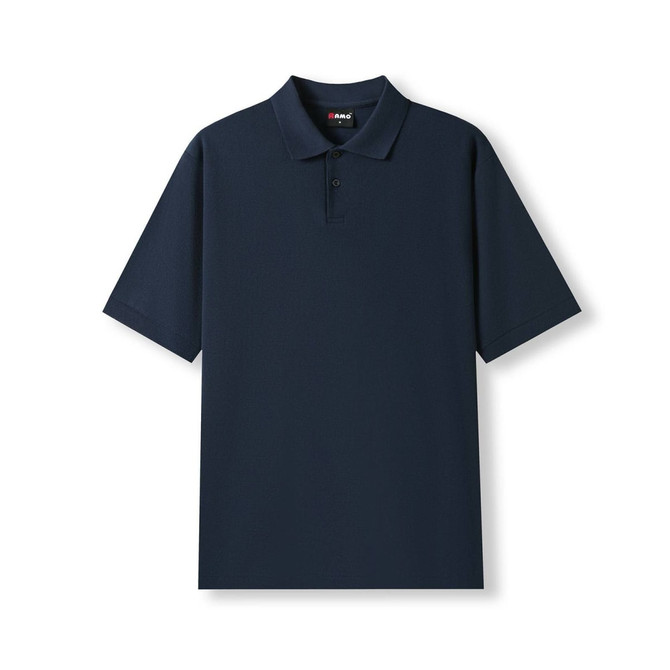 Men's cotton pique knit polo in navy blue with a collar and short sleeves, featuring a logo.