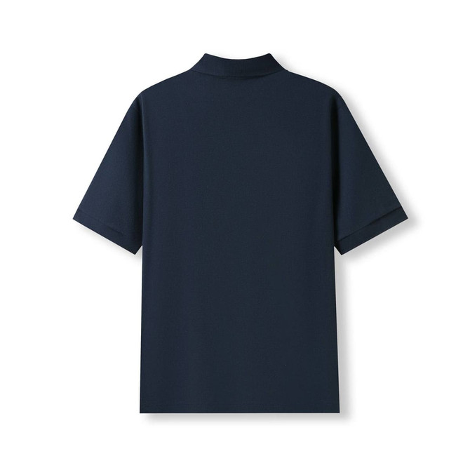 A navy blue men's cotton pique knit polo shirt, featuring a classic collar and short sleeves, with a logo branding.