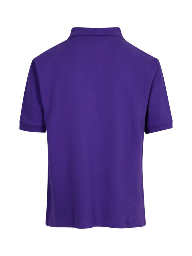 A purple men's cotton pique knit polo shirt featuring a collar and short sleeves, with a logo on the front.