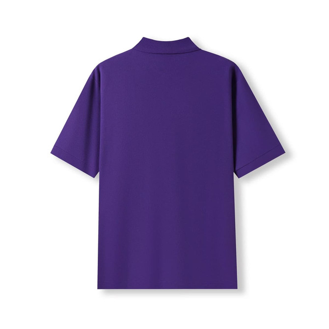 A purple men's cotton pique knit polo shirt featuring a collar and short sleeves, with a logo on the front.