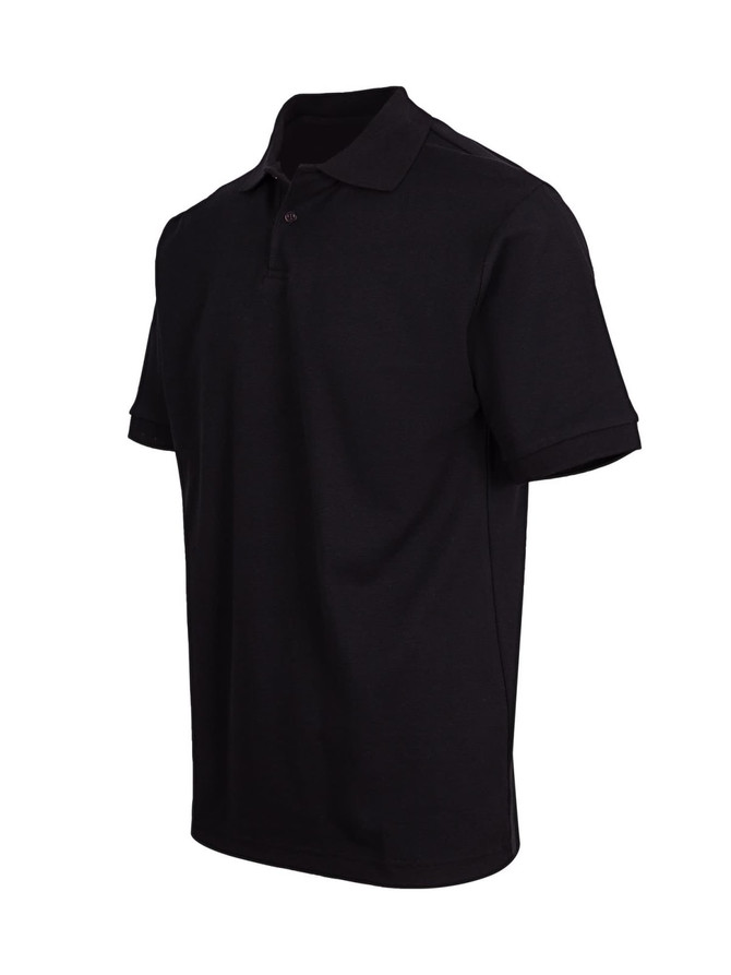 A black men's cotton pique knit polo shirt with a classic collar and short sleeves, featuring a logo.
