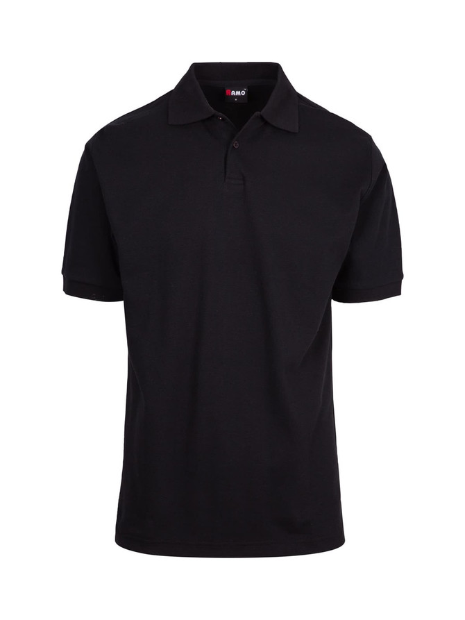 A black men's cotton pique knit polo shirt with a collar and short sleeves, featuring a logo.