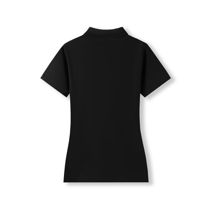 A black women's 100% cotton pique knit polo shirt with a classic collar and short sleeves.