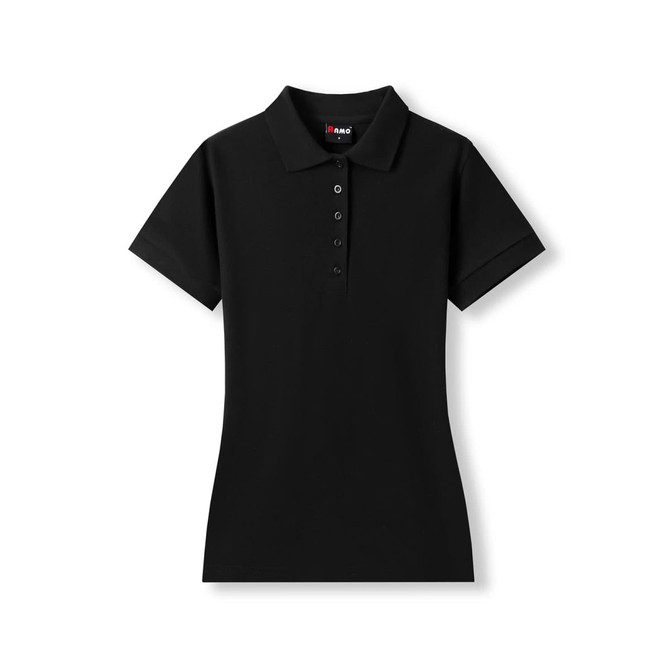 A black women's 100% cotton pique knit polo shirt with a collar and buttons, featuring a logo.
