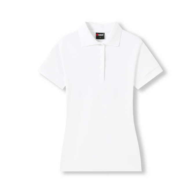 A white women's 100% cotton pique knit polo shirt featuring a classic collar and button placket.