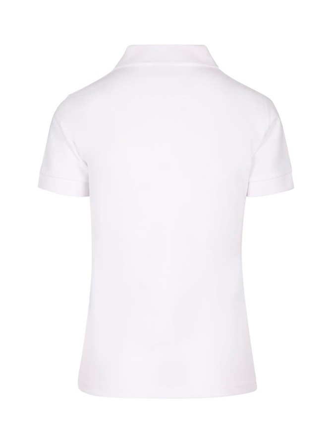 A white women's 100% cotton pique knit polo shirt with a short-sleeved design and a collar. Features a logo.