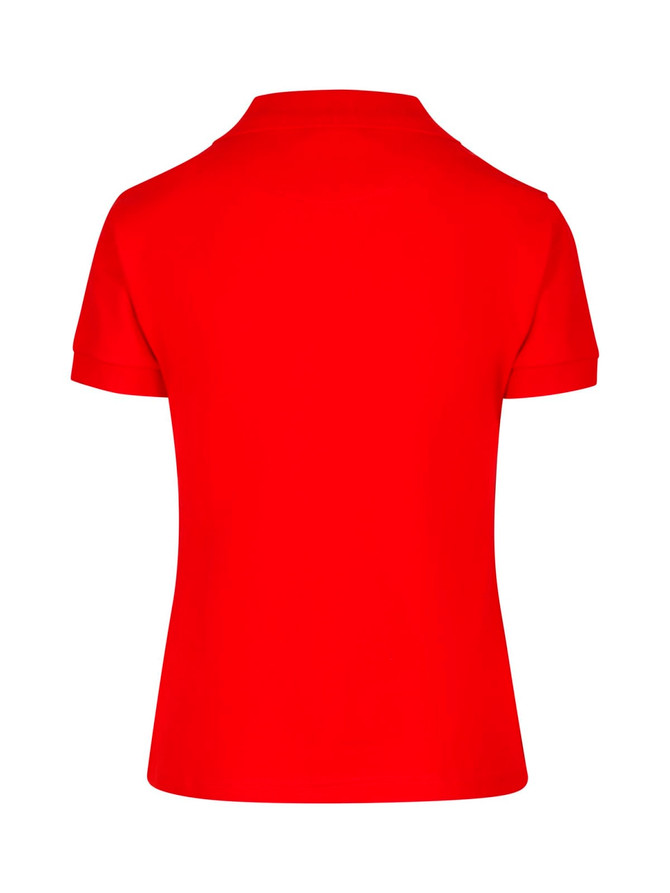 A red women's 100% cotton pique knit polo shirt with a collar and short sleeves, featuring a logo.