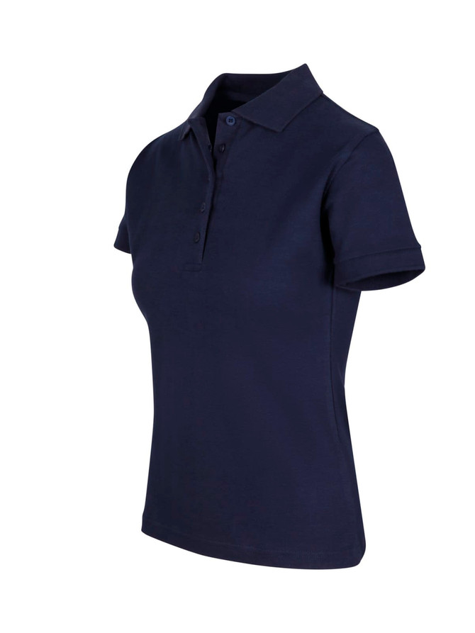 A navy women's 100% cotton pique knit polo shirt with a collared neck and short sleeves, featuring a logo.