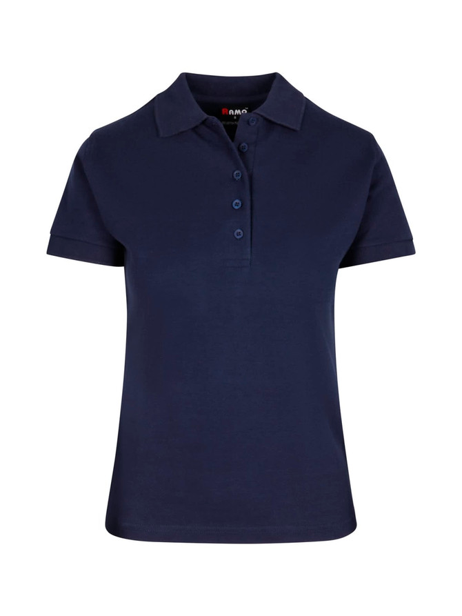 A navy women’s 100% cotton pique knit polo shirt with a collar and five-button placket, featuring a logo.
