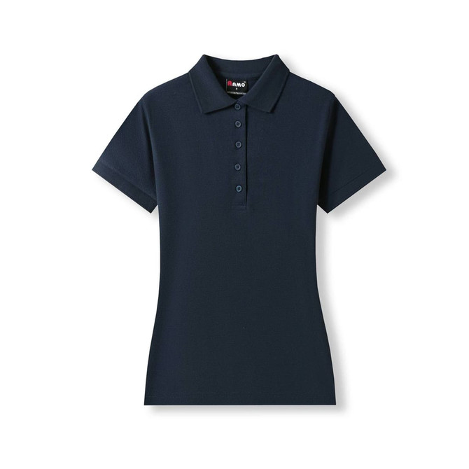 A navy women’s 100% cotton pique knit polo shirt with a collar and five-button placket, featuring a logo.