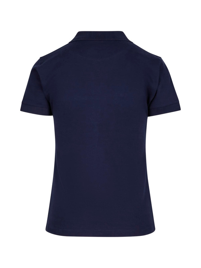 A navy women's 100% cotton pique knit polo shirt with short sleeves and a collar. Features a logo on the front.