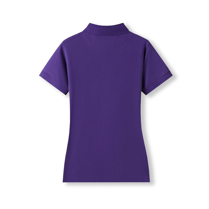 A purple women's 100% cotton pique knit polo shirt, featuring a collar and short sleeves, with a logo on the back.