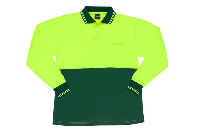 A high visibility long sleeve polo shirt in fluorescent yellow and dark green, featuring a pocket and collar.