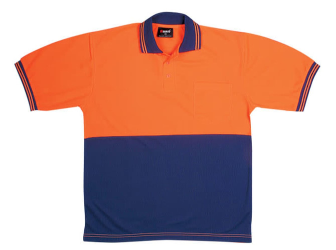 A high-visibility polo shirt in bright orange with a navy blue bottom section and a pocket. It features a logo.