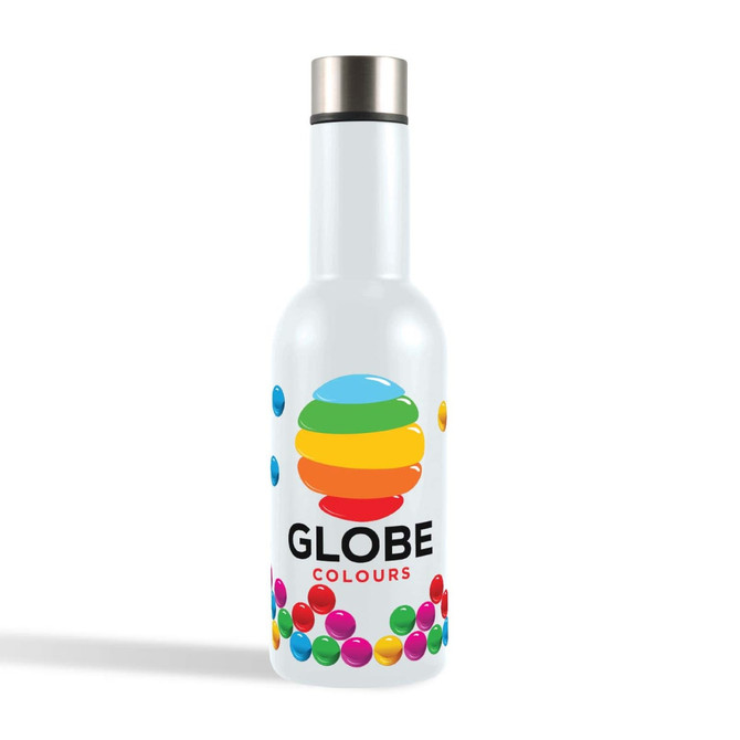 A drink bottle in white featuring a colorful logo and decorative elements at the base. The lid is metallic.